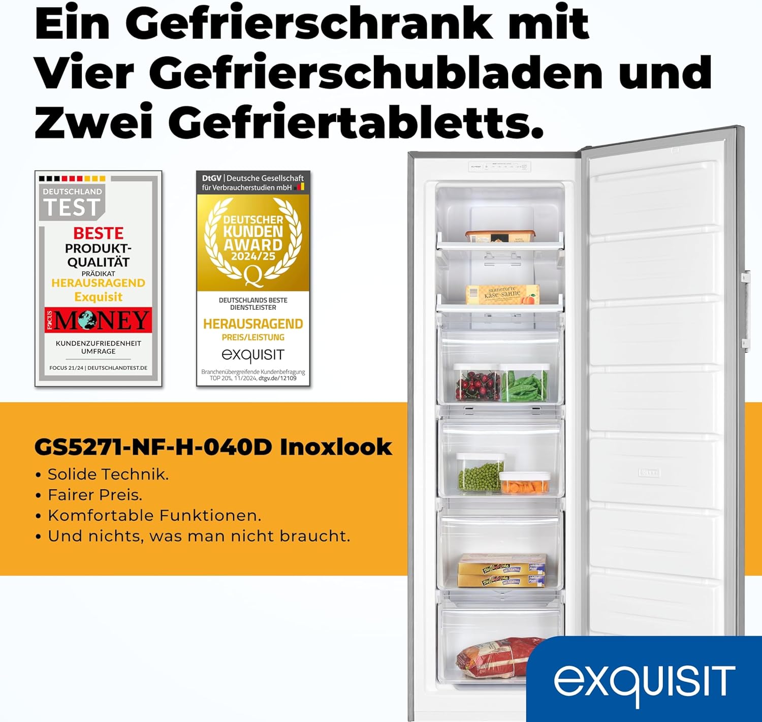 Exquisit Gefrierschrank | 204 l Nutzinhalt, Energieklasse E, 39 dB(A) | NoFrost, Schnellgefrieren, elektronische Temperaturregelung, Türalarm, hohe Bauform | GS5271-NF-H-040E inoxlook