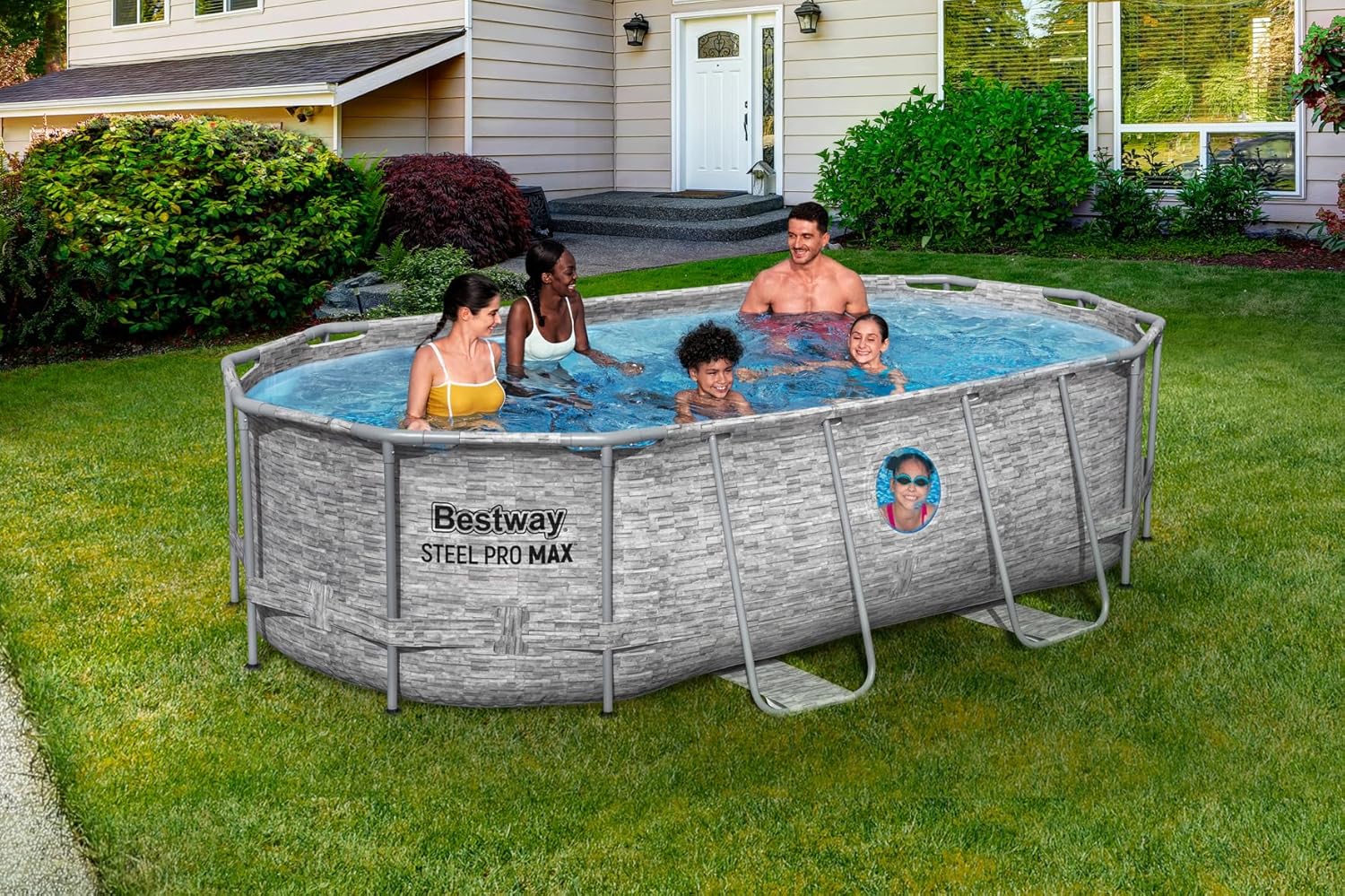 Bestway Power Steel Swim Vista Series Frame Pool Komplett-Set mit Filterpumpe 427 x 250 x 100 cm, Steinwand-Optik (Cremegrau), oval