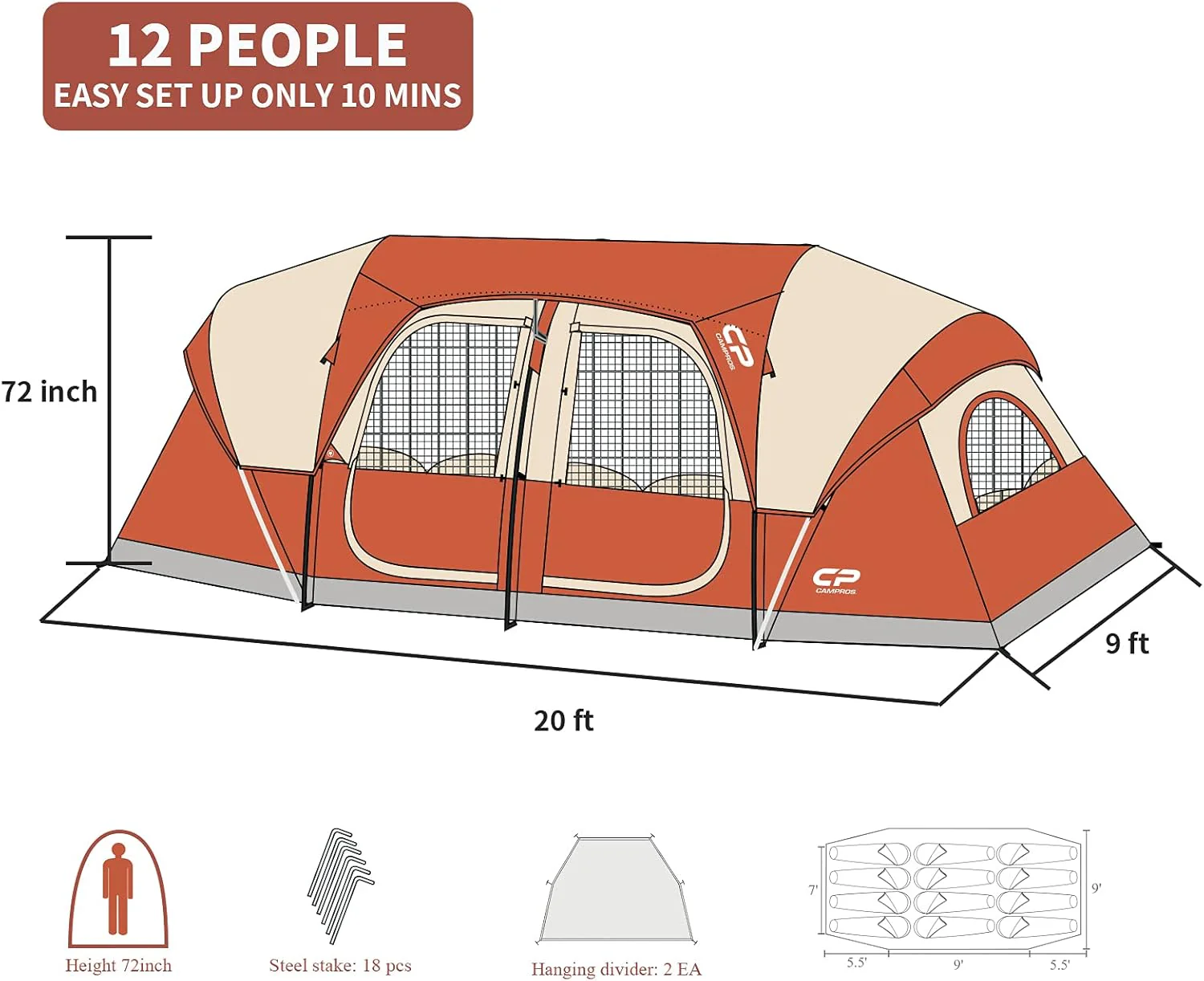 CAMPROS CP Tent 12-Person-Camping-Tents,3 Room Family Tents,Waterproof Windproof Family Tent with Top Rainfly,6 Large Mesh Windows,Double Layer,Easy Set Up, Portable with Carry Bag-20' x 9' x 72