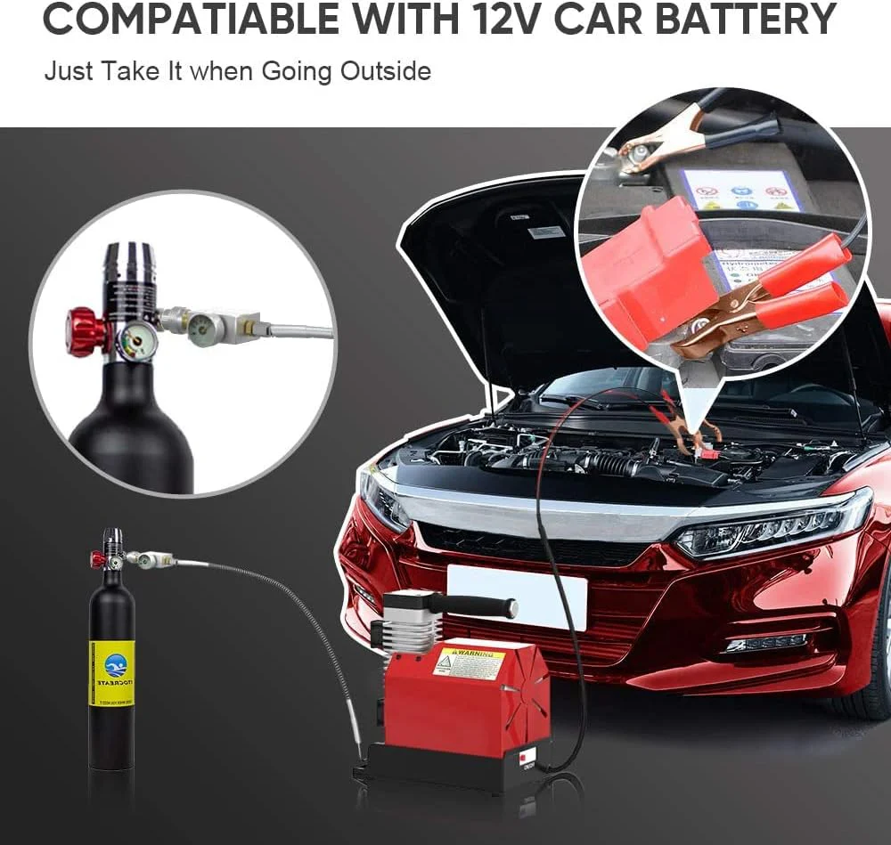 CS2 hordozható PCP légkompresszor, 4500Psi/30Mpa, olajmentes, autós 12V DC-ről vagy otthoni 110V AC-ről adapterrel (tartozék) működtethető, paintball tartály kompresszor extra nedvesség-olaj leválasztóval