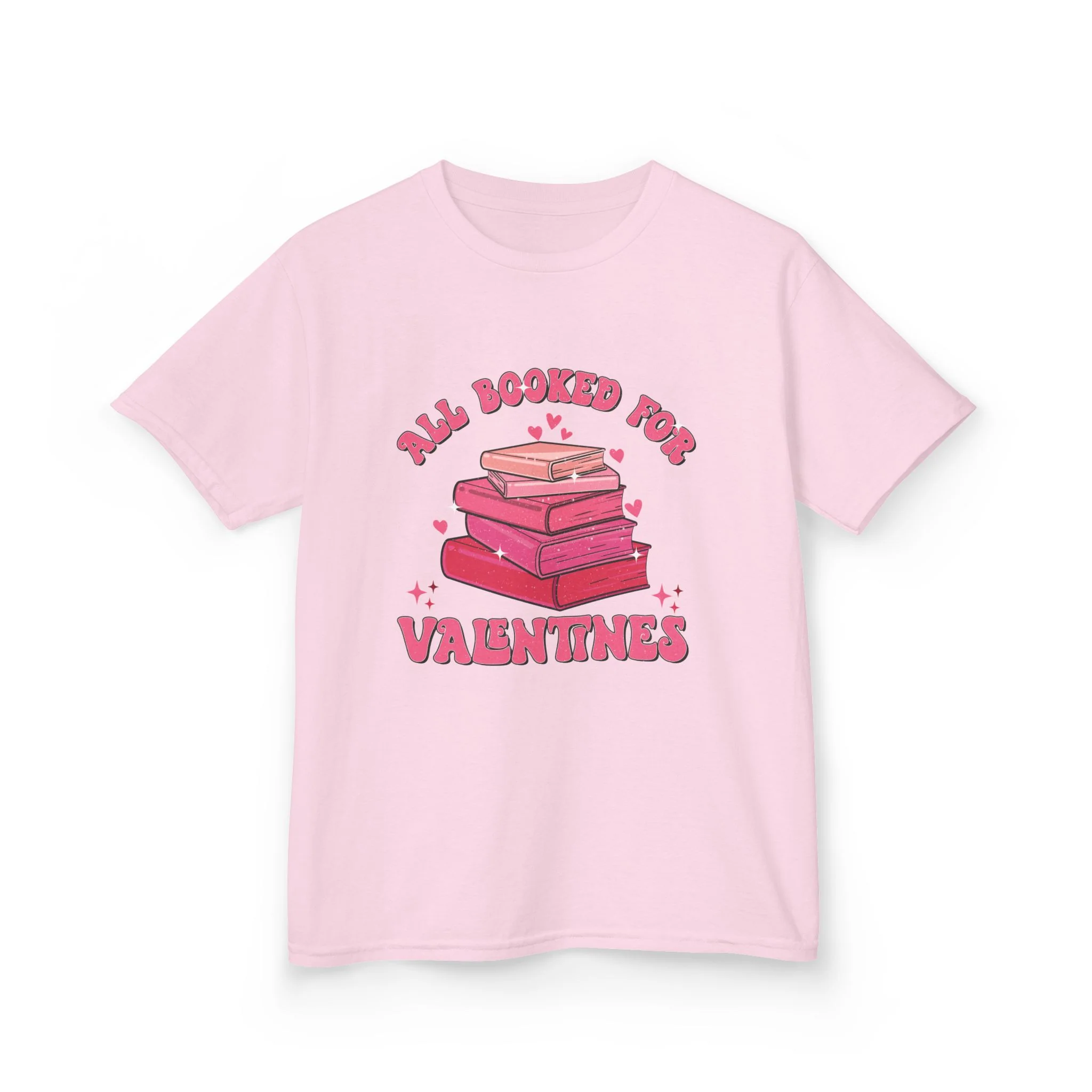 All Booked Up Valentines Kids Tee | Stack of Books, Pink Hearts