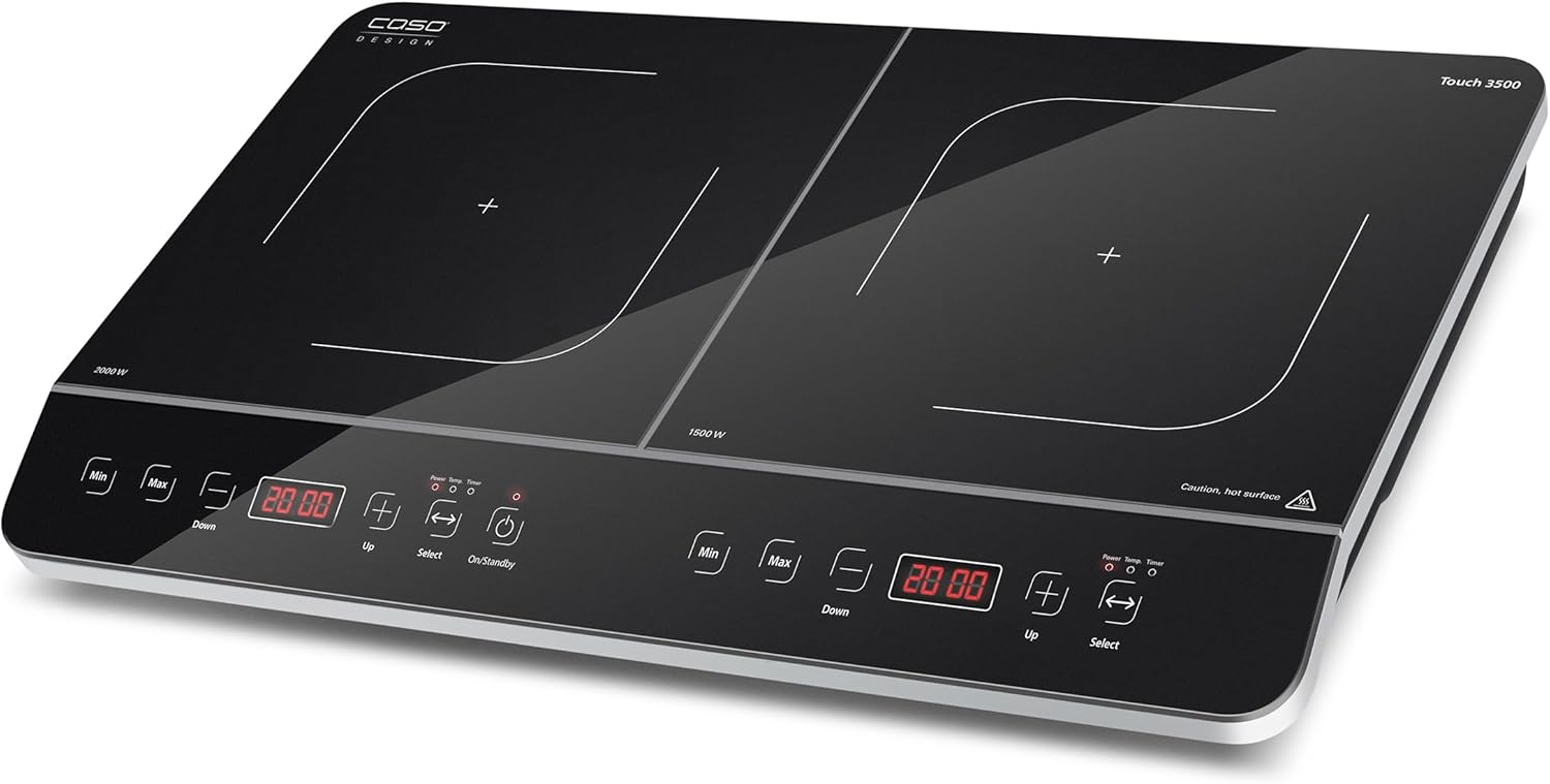 CASO Touch 3500 Induktionskochplatte doppelt mobil, Sicherheitsschalter, 60-240°C, 6 Stufen, Timer 180 Min., Tpfe bis 26 cm, 3500 Watt, Glaskeramik