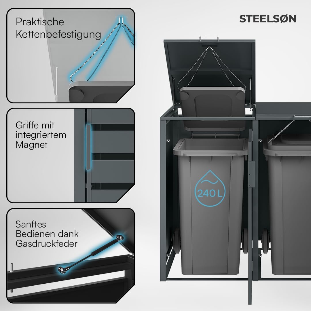 STEELSØN Kestra Mülltonnenbox 4er bis 240L – Mülltonnenverkleidung mit Sichtstreifen aus Stahl – hochwertige Müllcontainer in Anthrazit für 4 Tonnen – Müllbox/Gerätebox wetterfest & UV-beständig