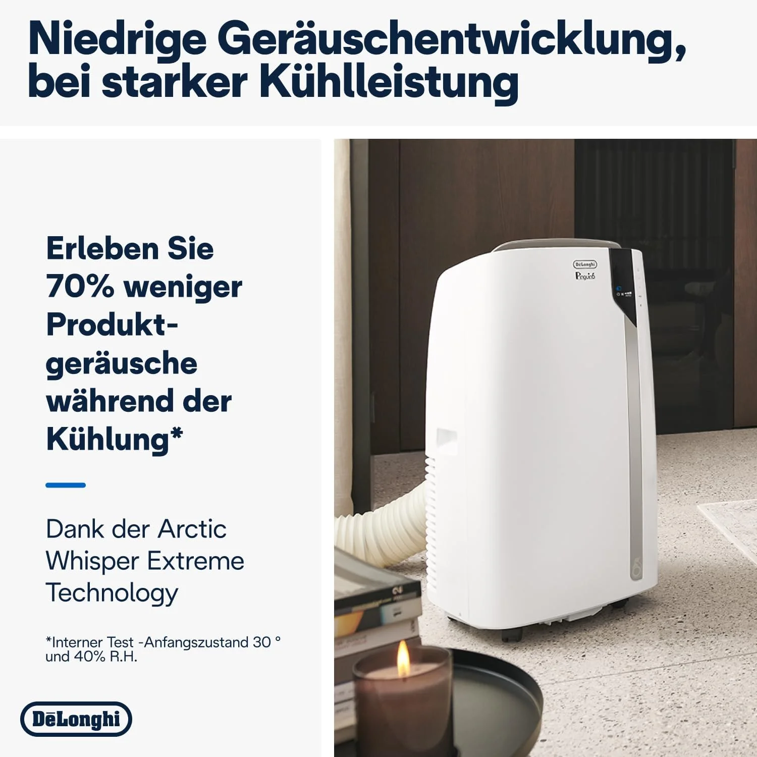 De'Longhi Pinguino PAC EM82, Condizionatore Portatile per ambienti fino a 80 m³, 9.400 BTU, 2,4 kW, 63 dB, Funzione Deumidificatore, Classe Energetica A, Timer 24h, Bianco
