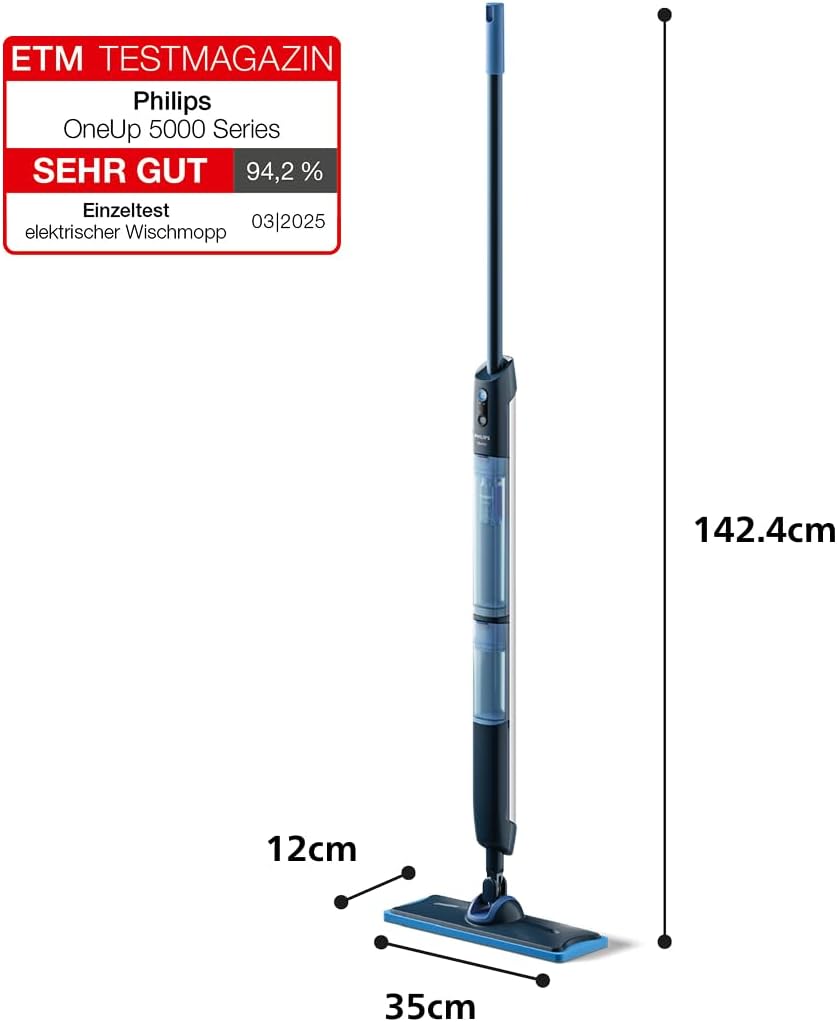 Philips OneUp 5000 Serie Elektrischer Wischmopp - 2X sauberere Böden², 2X schnelleres Wischen, Zwei Feuchtigkeitseinstellungen für Harte & empfindliche Böden, Kabellos mit 360° Drehgelenk (XV5113/01)