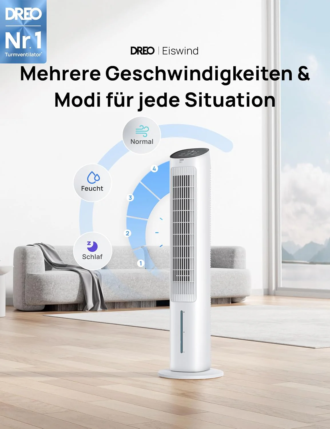 DREO toronyventilátor csendes hűtéssel, vízhűtéses ventilátor, 102 cm-es léghűtő, párologtató hűtő 80°-os oszcillációval, 3 üzemmód, 4 sebesség, távirányító, fehér