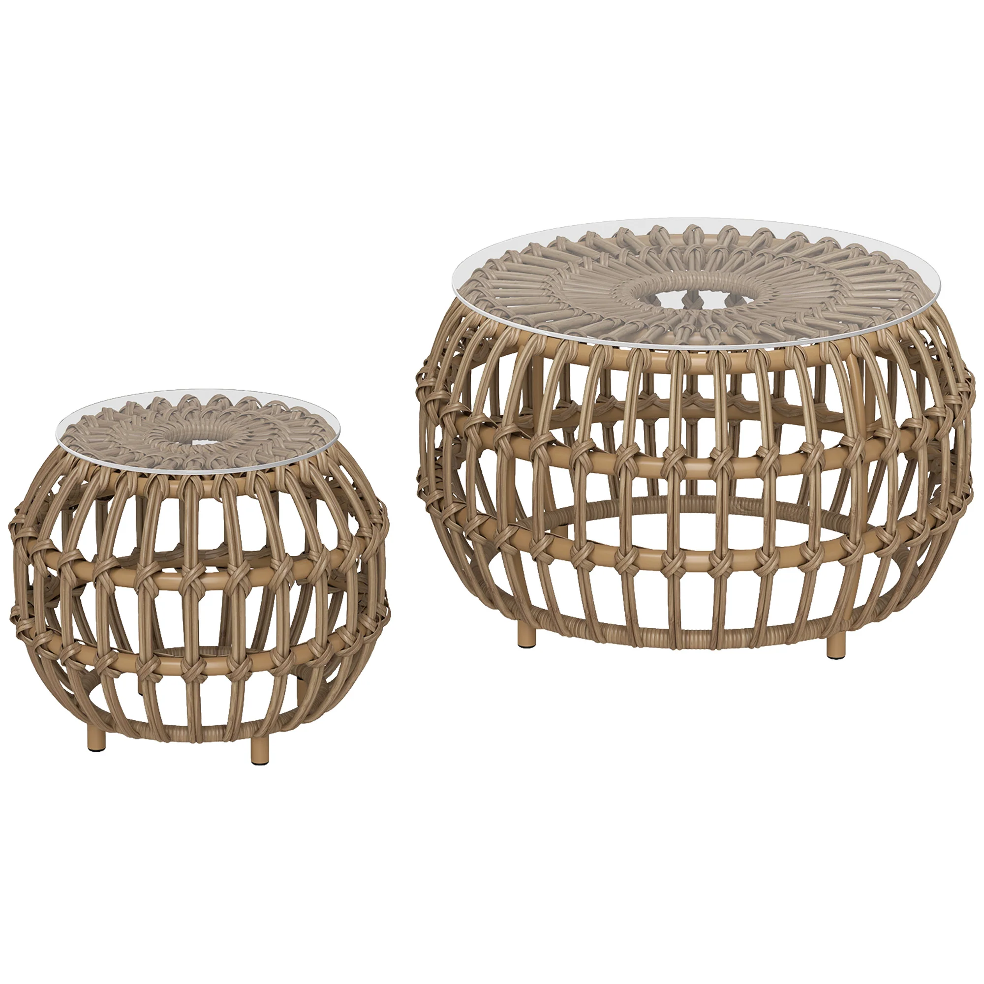 Outsunny 2-delige Set Bijzettafels Polyrattan Ø66/42 cm Rond Weerbestendig met Glazen Blad - Bruin