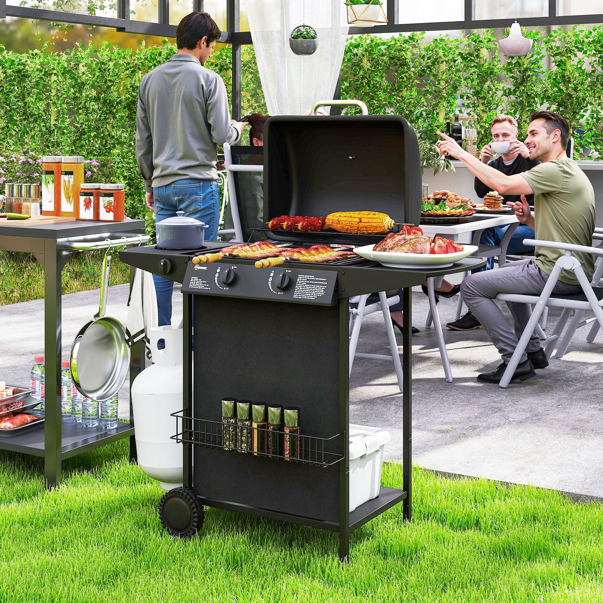 Gasbarbecue 7 KW met 3 Branders, Zijbrander, Rollen & Deksel 107 x 54 x 96 cm Zwart
