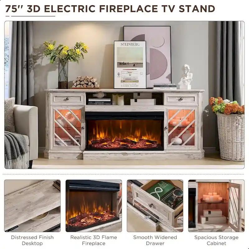 Farmhouse TV Stand with 3-Sided Fireplace, Entertainment Center