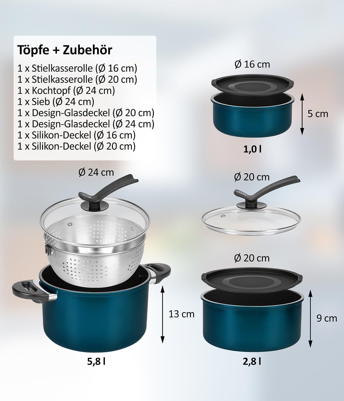 Kelton Pfannenset Töpfe Set 3 in 1 mit Deckel und Gemüseschneider 27 tlg., Kochgeschirr mit Pfannen und Kochtöpfen mit Antihaft Beschschichtung, PFOA & PTFE-frei, abnehmbarer Griff
