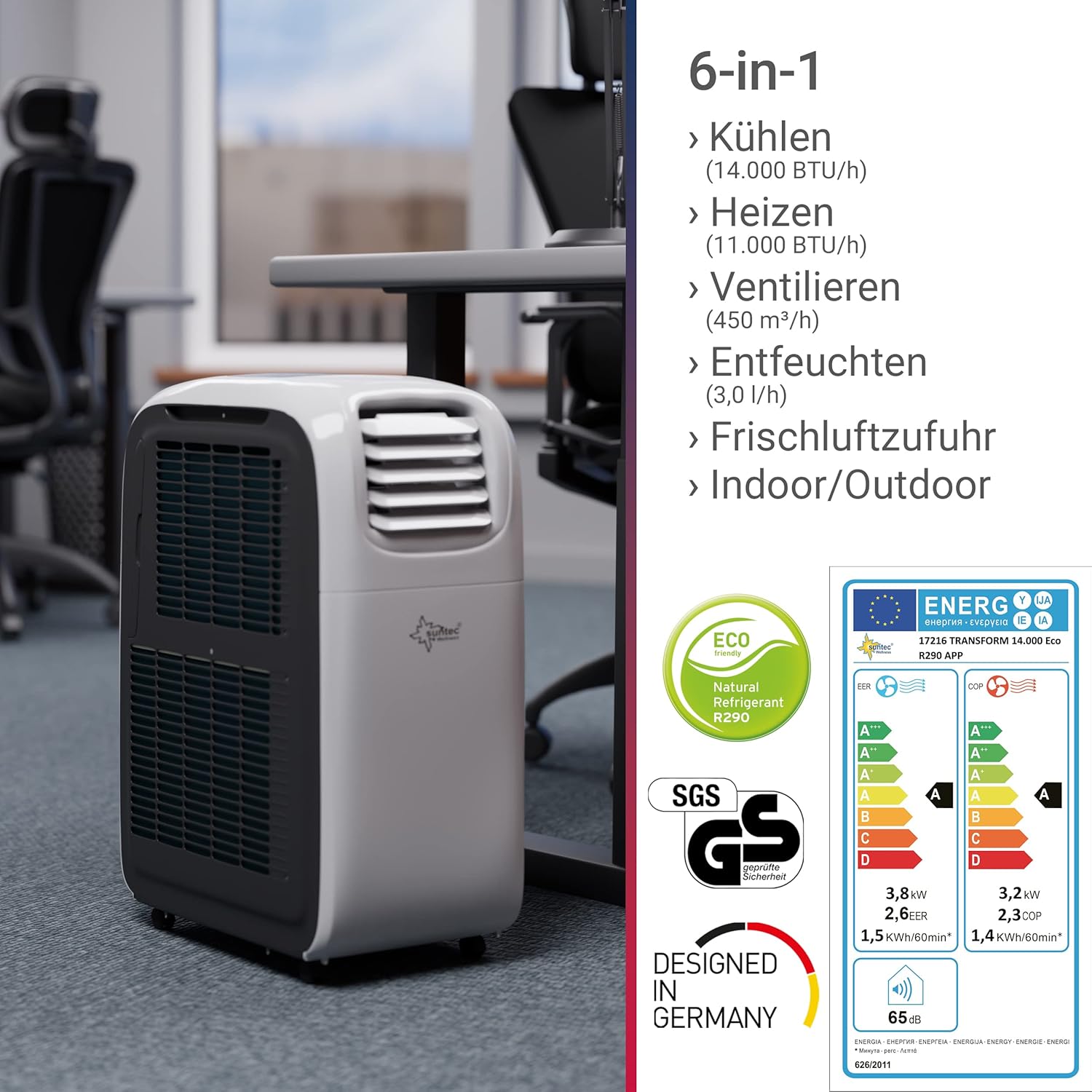 SUNTEC Mobiles Klimagerät Transform 14.000 Eco R290 APP – Klimaanlage mobil und leise mit Smart App Steuerung – Entfeuchter für Räume bis 70 qm – Mobile Kühlung & Heizung für zuhause – 14.000 BTU