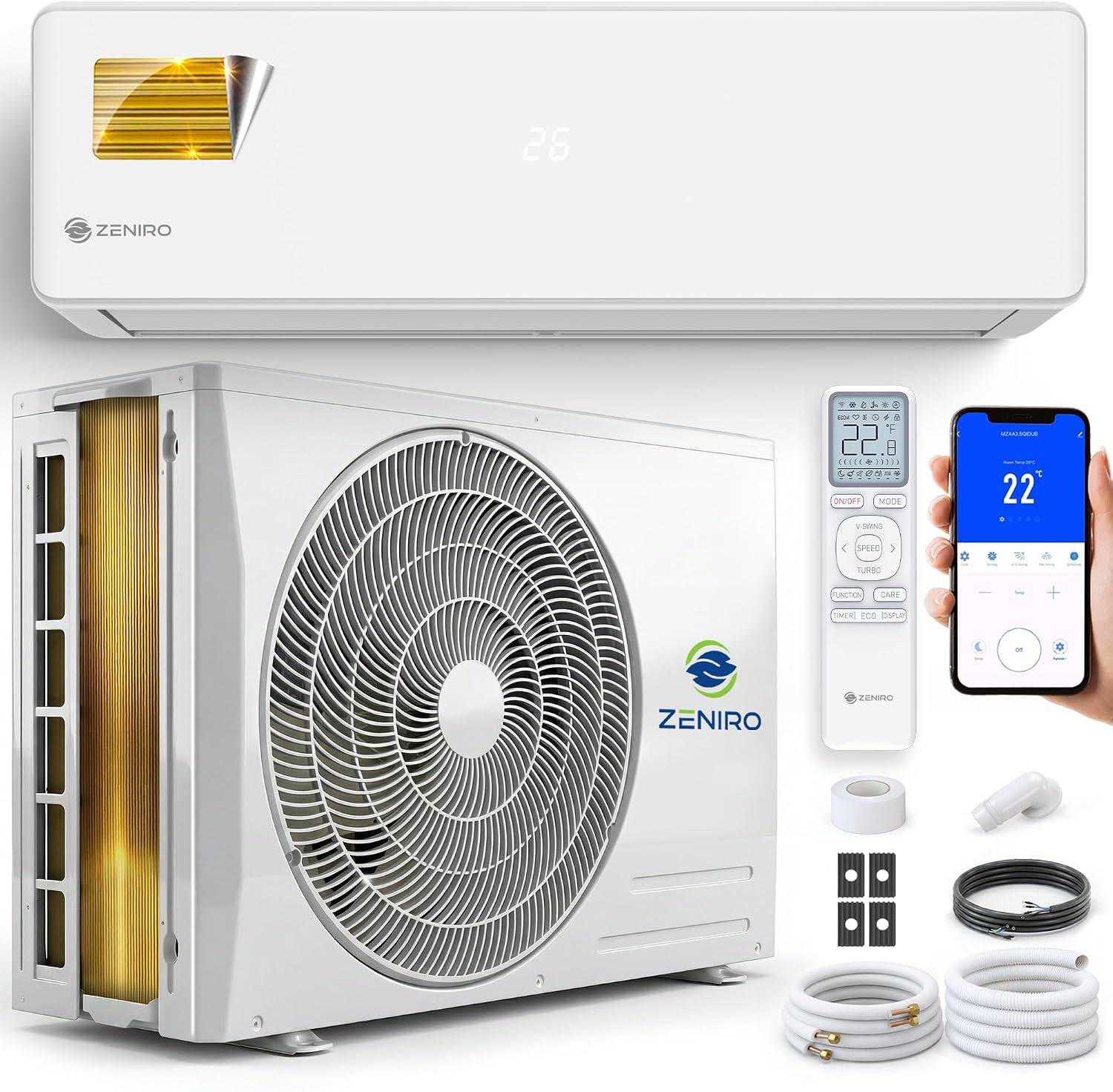 Klimanlage Split Klimagerät Set mit Heizfunktion - 18000 BTU 5,2kW - A++ WiFi/App-Steuerung 4D AirFlow Auto Reinigung inkl. Montagematerial Vorgefüllt R32 Air Conditioner