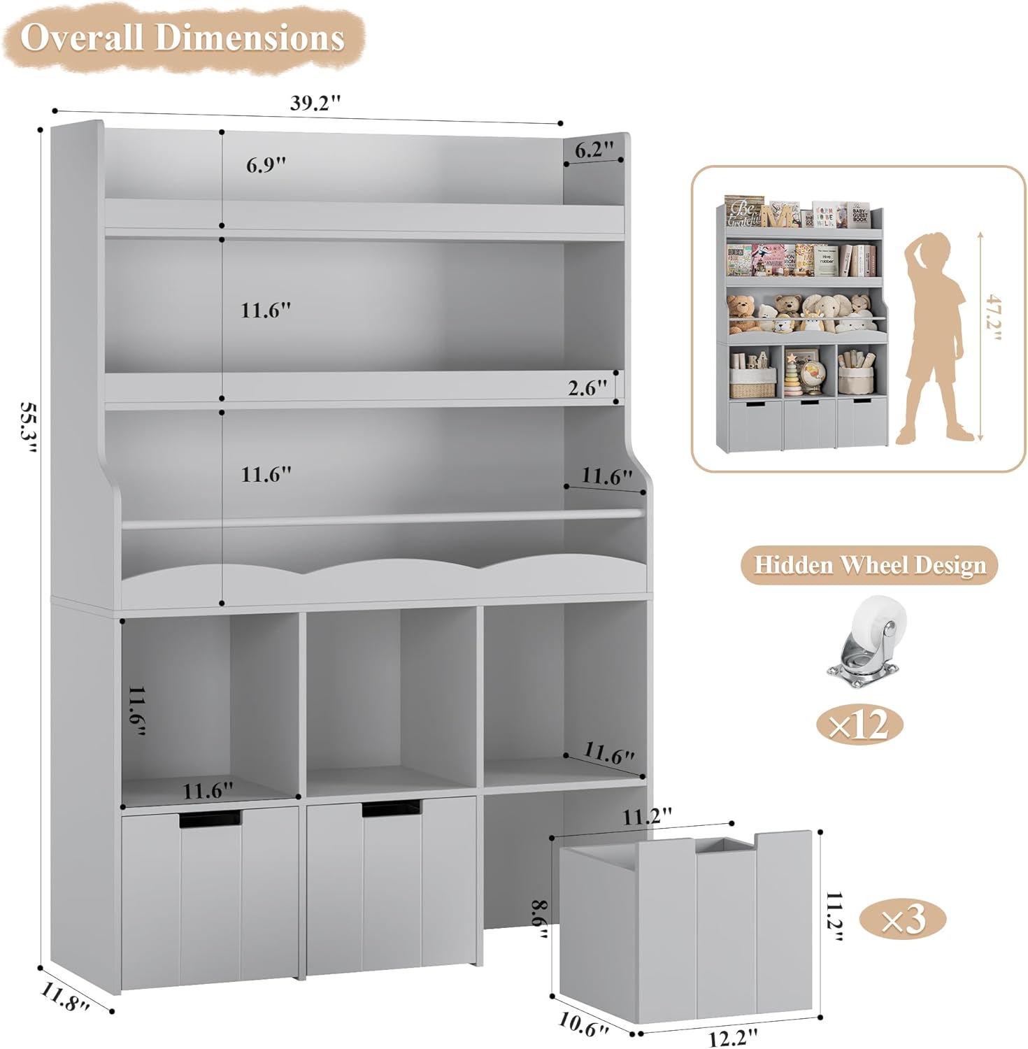HITHOS 55.3" H Kids Bookshelf with Toy Storage Organizer, Tall Book Shelf with 3 Movable Toy Storage Bins, Large Kids Bookcase with Toy Chest, 39.2" W Modern Toys Box for Kid Room, Playroom, Gray