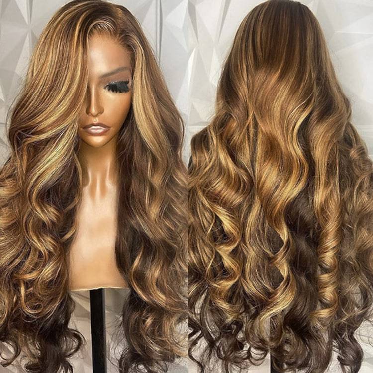 Pull Go 13X6 Pre Cut HD Lace Glueless 3D Body Wave Human Hair Wig With Drawstring #4/27 Highlight Lace Front Wig