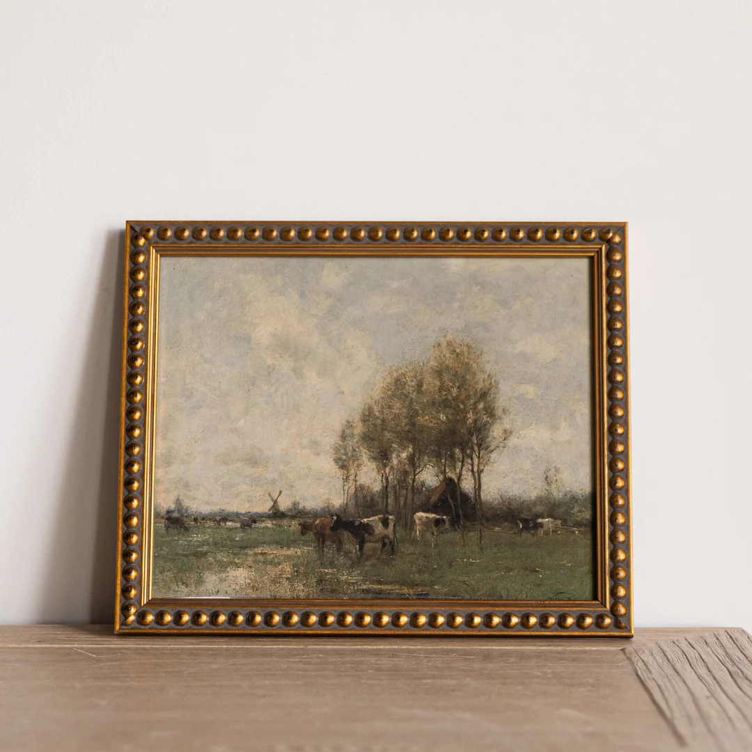 Vintage Oil Painting Cows In Pasture Beaded Framed Art