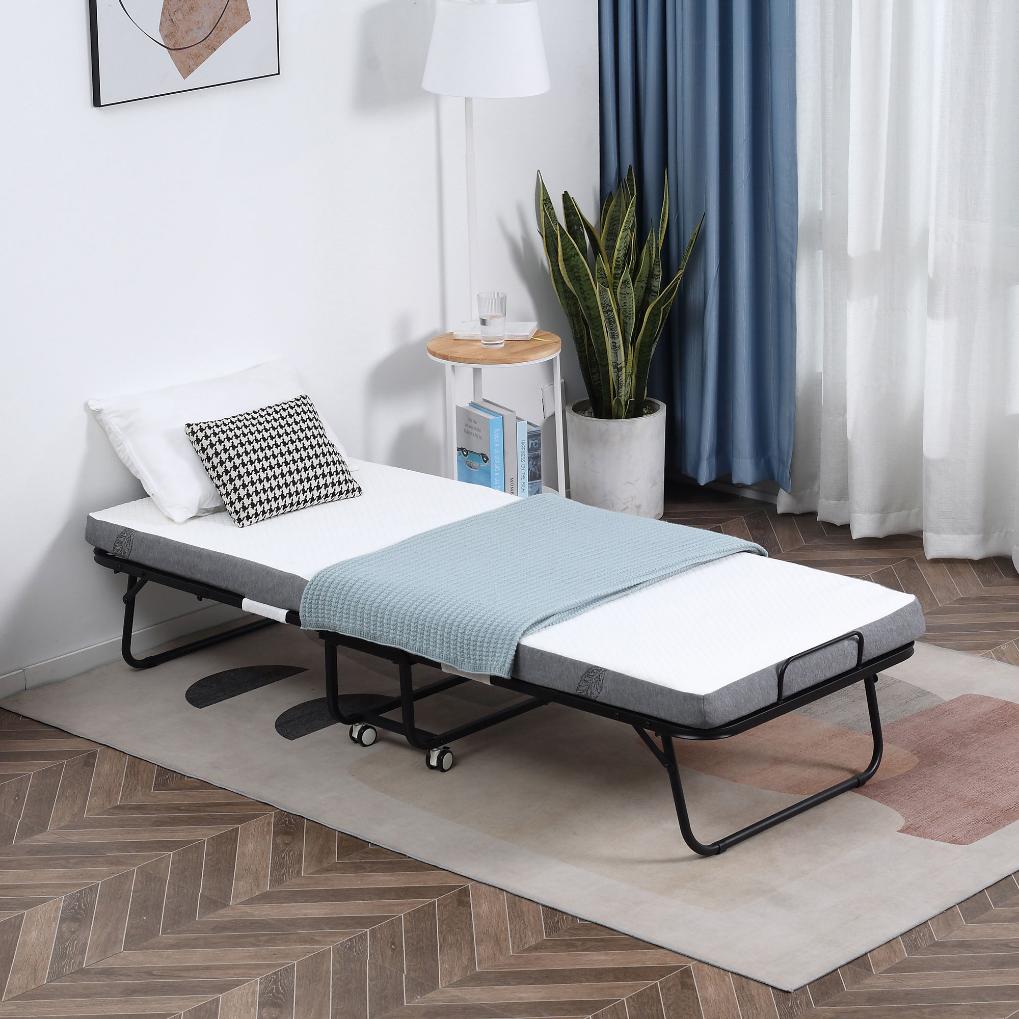 HOMCOM Opklapbaar bed 1 persoons met wielen verstelbaar, tot 150 kg, wit + zwart, 200 x 75 x 42,5 cm | Aosom.nl