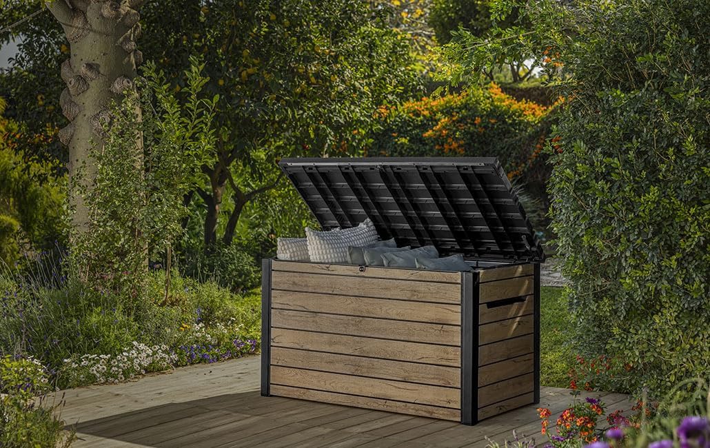 Keter Ontario Auflagenbox/Kissenbox 870 Liter | 100% Wasserdicht mit Belüftung dadurch kein übler Geruch/Schimmel Moderne Holzoptik | Deckel mit Gasdruckfedern