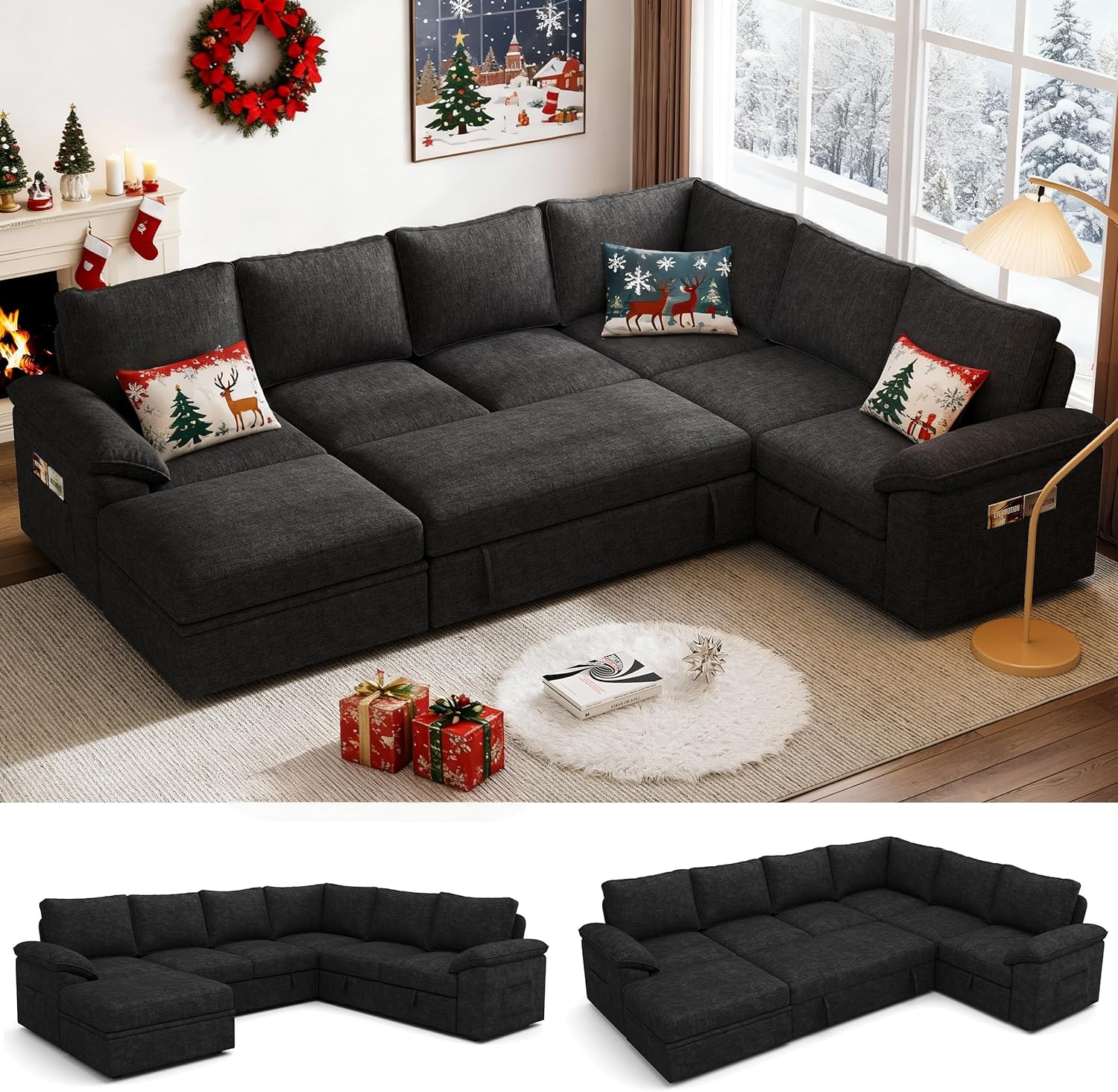 108 Inch Sectional Sleeper Sofa with Pull Out Bed, U Shaped 7 Seat Modular Sectional Sofa