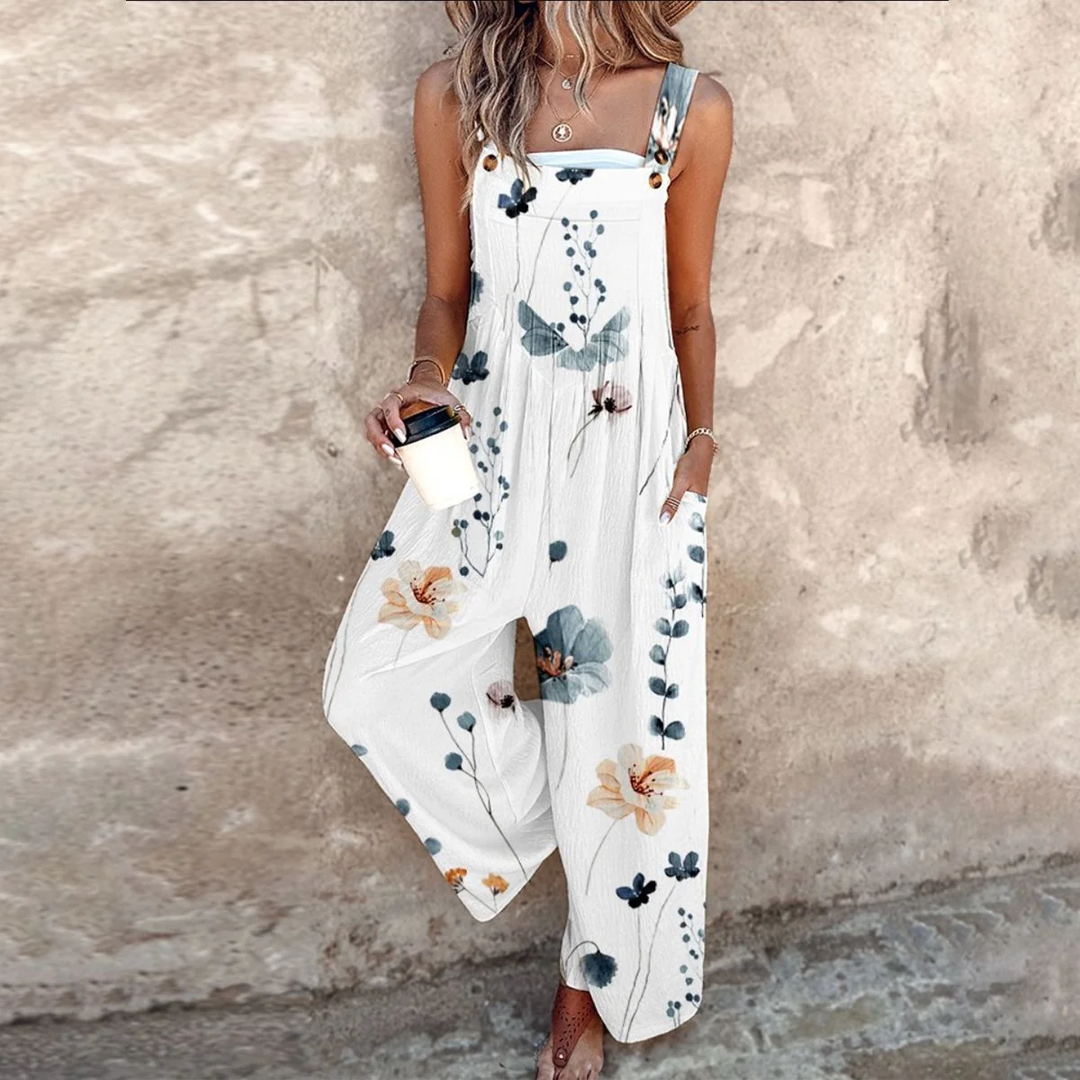 Women��s Floral Wide Leg Jumpsuit Square Neckline Summer Style