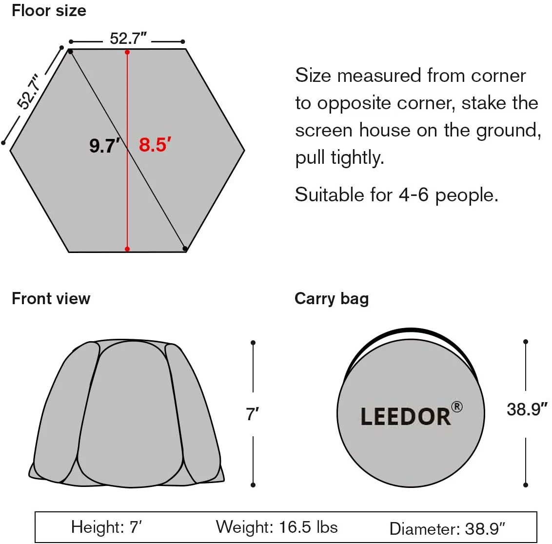 Leedor Instant Shelter met Muskietennet, Outdoor Paviljoen voor Terras, Zonnescherm 3m x 3m, Grijs