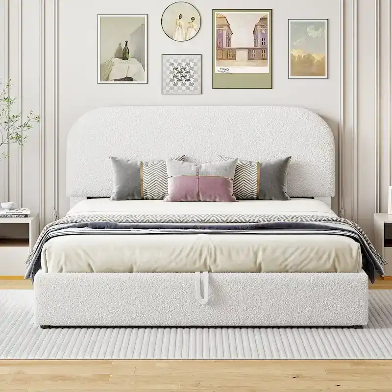 Teddy Fleece Platform Bed - Hydraulic Storage - Queen/Full - Beige/White