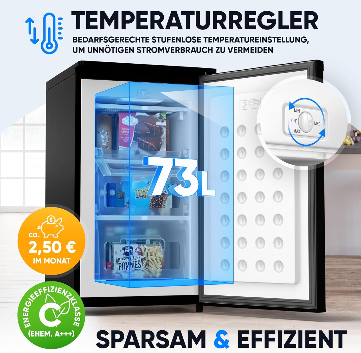Stillstern Gefrierschrank C (73L) 4-Sterne-Gefrierfach -18°C ger. Energiever. Mini Freezer mit 3 Fächer, stufenlos reg. Temp., kleine Tiefkühltruhe, Türanschlag r./l. Tiefkühlschrank Klein Schwarz