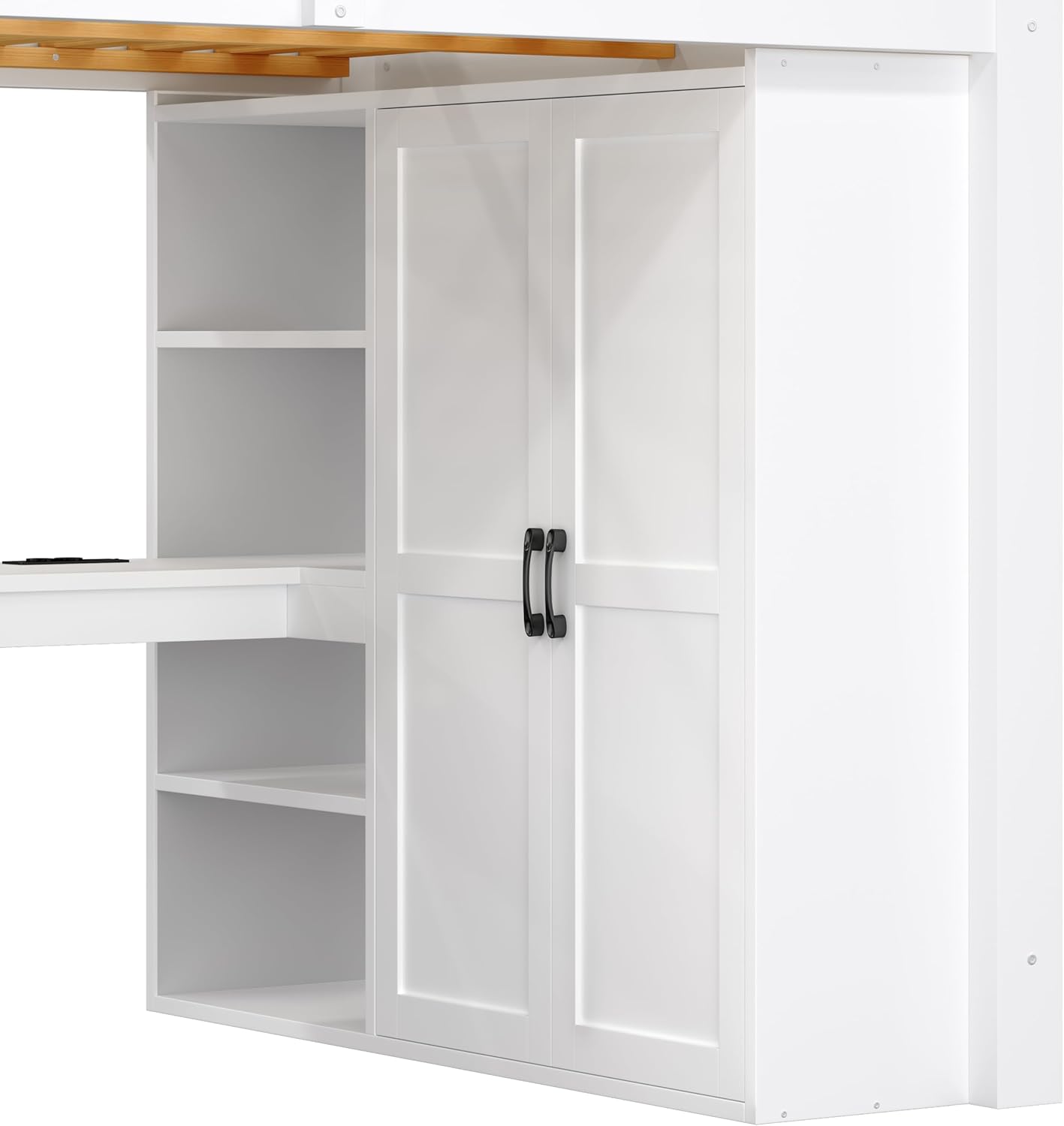 140x200 Hochbett mit Schreibtisch und Regal, Kleiderschrank, Stauraumtreppe, USB und LED-Leuchten, Weiß