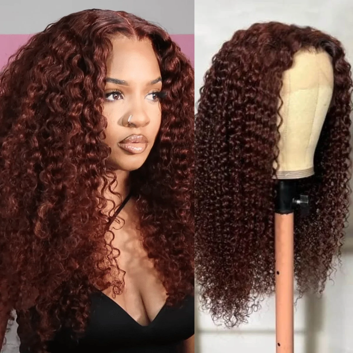 Skin Melt HD Lace 13x4 Curly Human Hair Wig #33 Red Brown Auburn Color Wig For Women