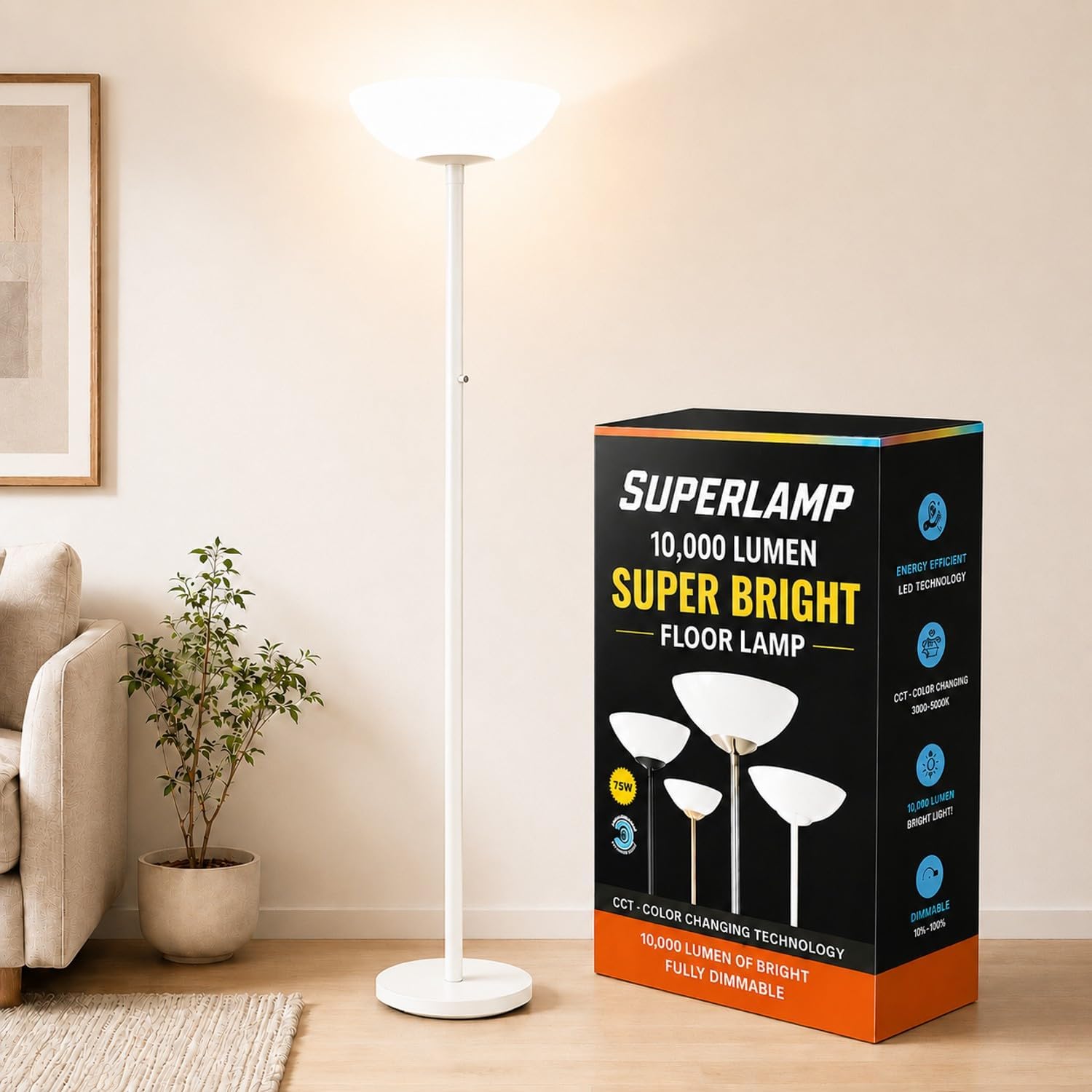 Modern Floor Superlamp 10000 Lumen - LED 75W, Dimmable 5 Changing Color, 85 CRI All Around Light, Tall Corner Standing Lamp with Cement Base and Acrylic Shade, Glare Free UpLight Kit Ready - White