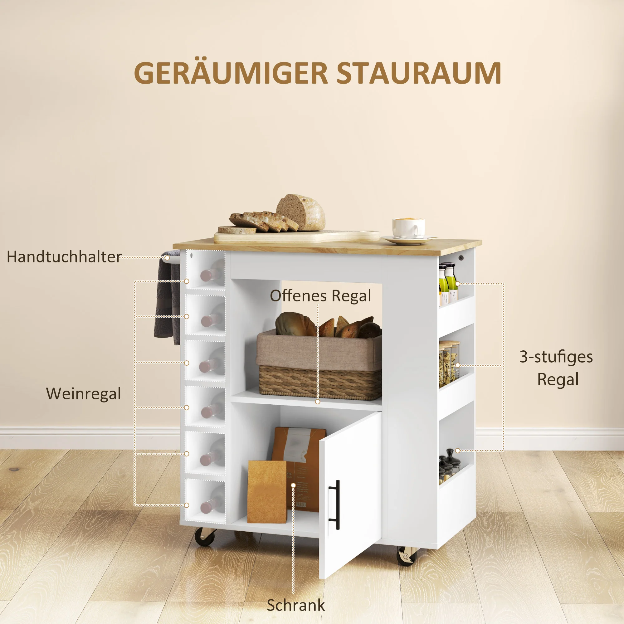 HOMCOM Keukentrolley, Rolbare Keukeneiland, Keuken-Trolley met Vakken, Wijnrekken, Kast en Werkblad, Wit