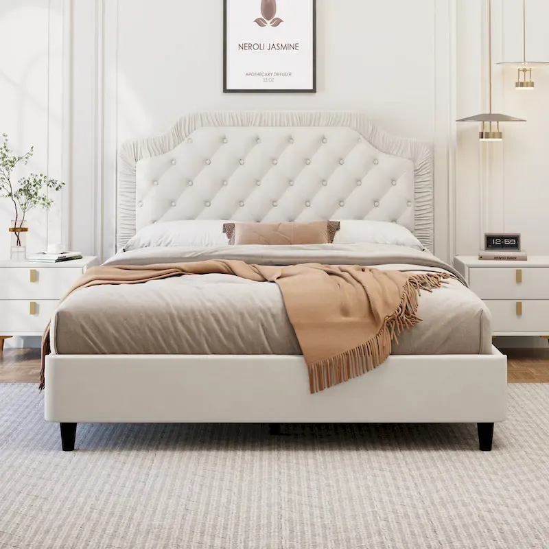 Modern Queen Size Upholstered Bed with Ruched and Button Tufted Headboard, Wooden Frame with Metal Base, No Box Spring Needed