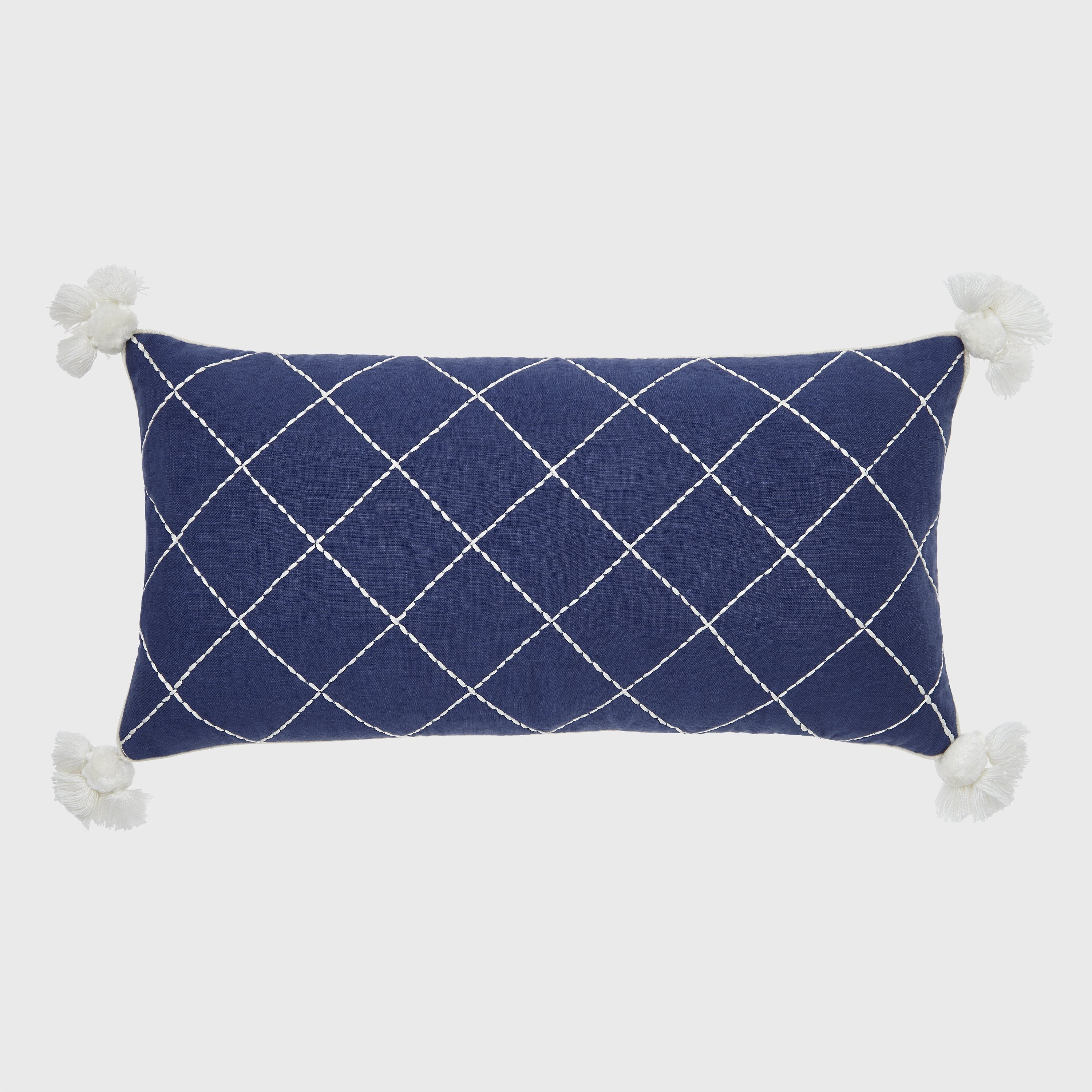 Quilted Tassel Pillow, Indigo Linen With Cream
