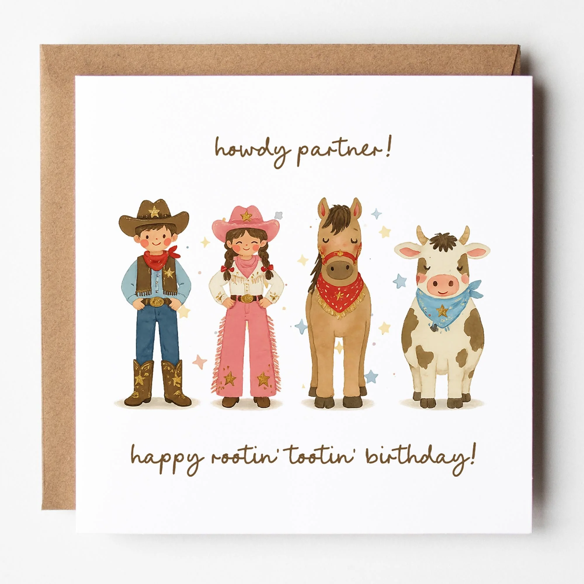 Cowboy Birthday Card for Him: Howdy Partner, Rootin Tootin Birthday and Kraft Envelope