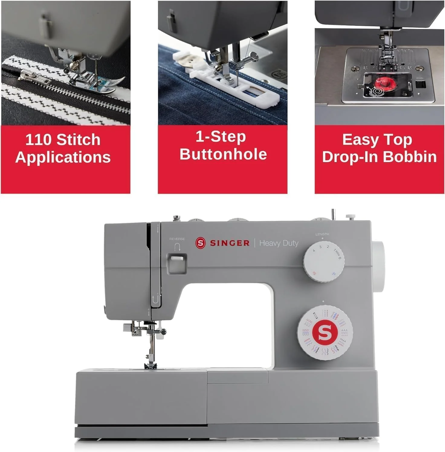 SINGER Heavy Duty 4452 High Speed Sewing Machine With Accessory Kit | Strong Motor with Enhanced Piercing Power, 110 Stitch Applications, Full Metal frame, 1-step Buttonhole & LED Lights