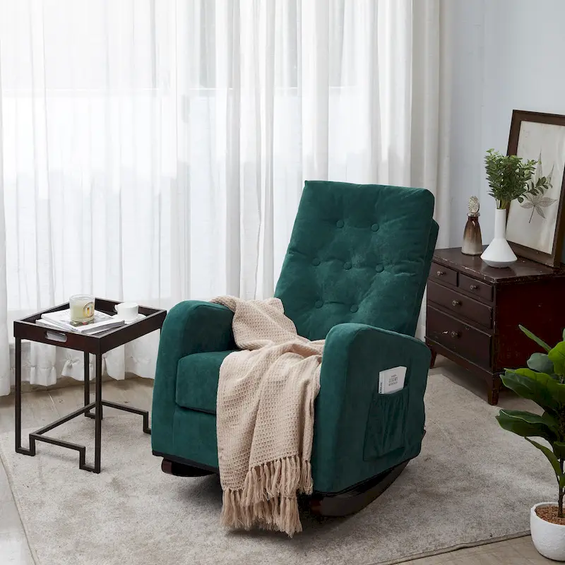 Modern 28.74 High Back Upholstered Buttons Tufted Rocking Chair with Solid Wood Legs and Side Pocket