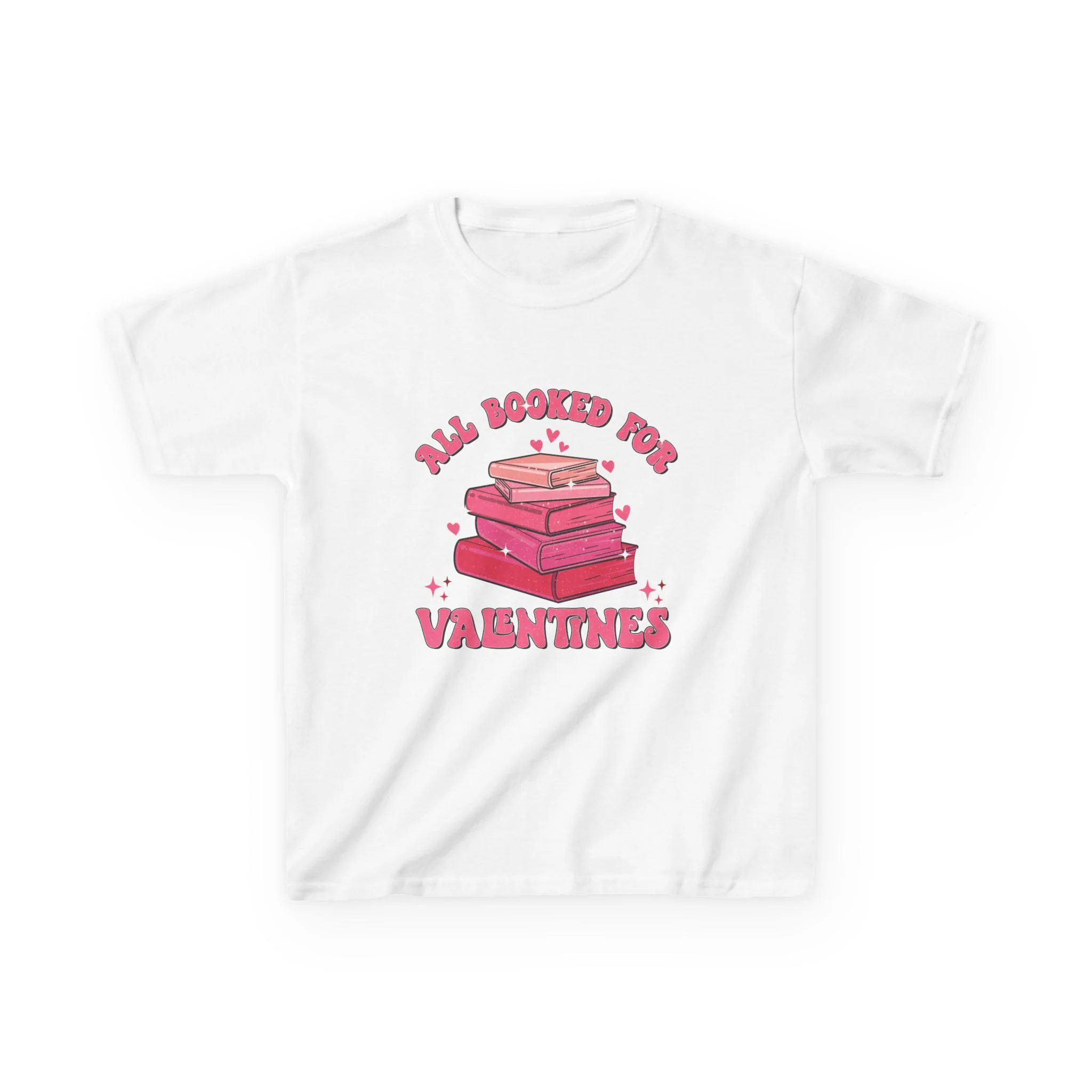 All Booked Up Valentines Kids Tee | Stack of Books, Pink Hearts