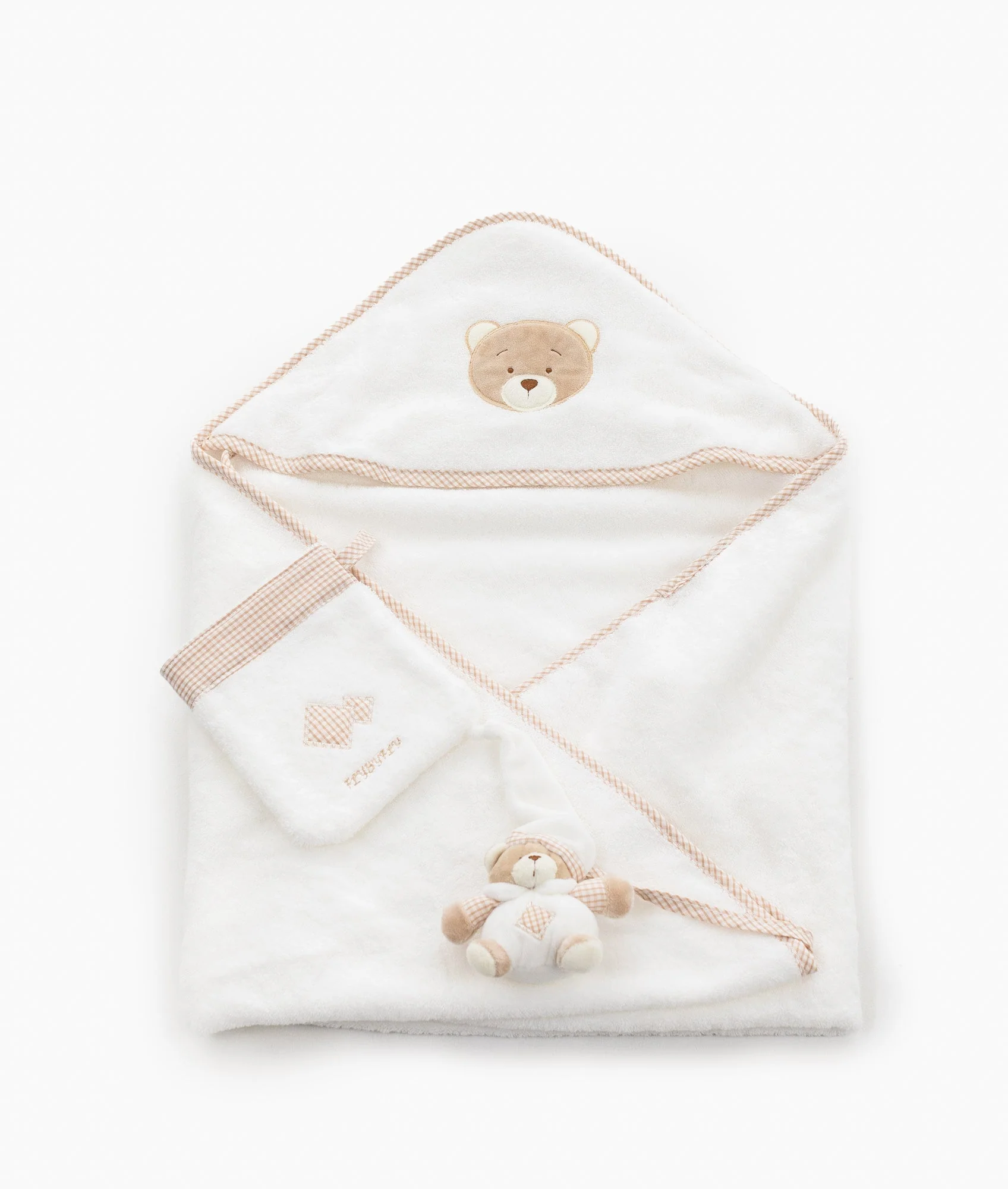 Hooded Towel with Mitt & Toy | White & Beige