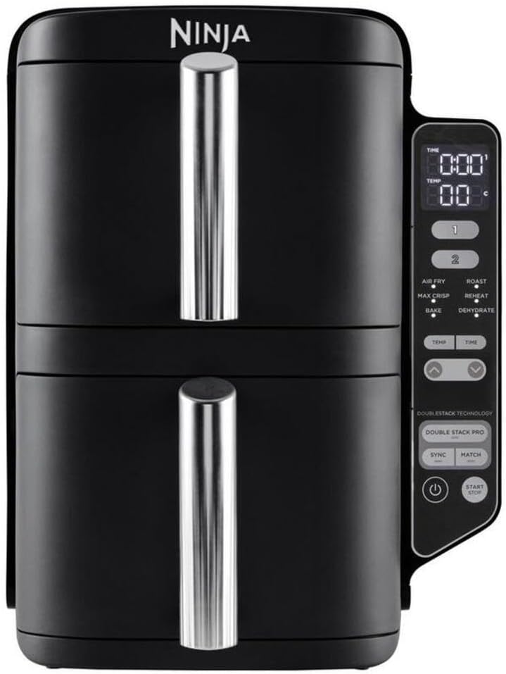 Ninja Doppelstapel-Luftfritteuse, vertikale Doppelschublade, Luftfritteuse mit 4 Kochstufen, 2 Schubladen und 2 Gestellen, platzsparendes Design, 7,6 l Fassungsvermögen, 6 Kochfunktionen, 6 Portionen