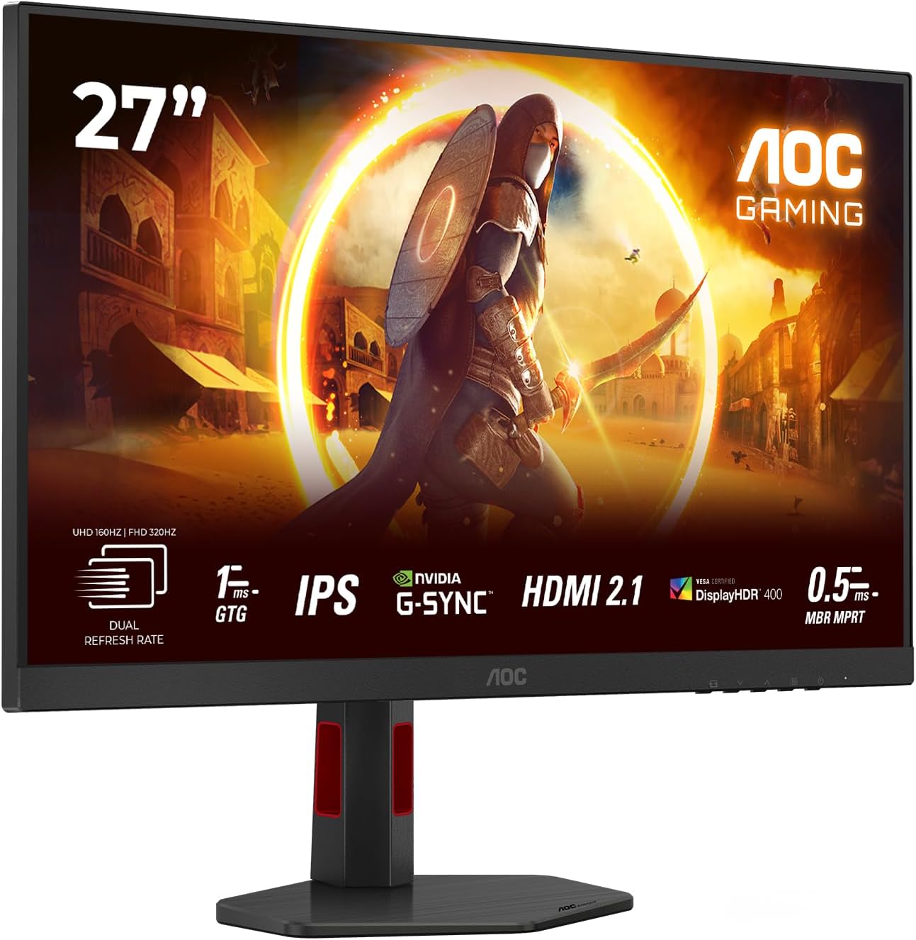 AOC Gaming U27G4R – Monitor 4K Ultra HD da 27 pollici, 160 Hz in UHD o 320 Hz in FHD, Dual Frame, 1 ms, compatibile G-Sync, HDR400 3840x2160, 2x HDMI 2.1, 1x DisplayPort 1.4, hub USB