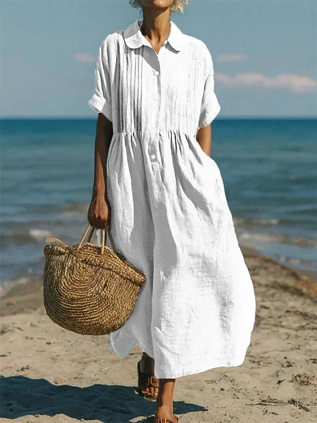 Womena??s Midi Dress Breathable Cotton Button-Front Summer Style