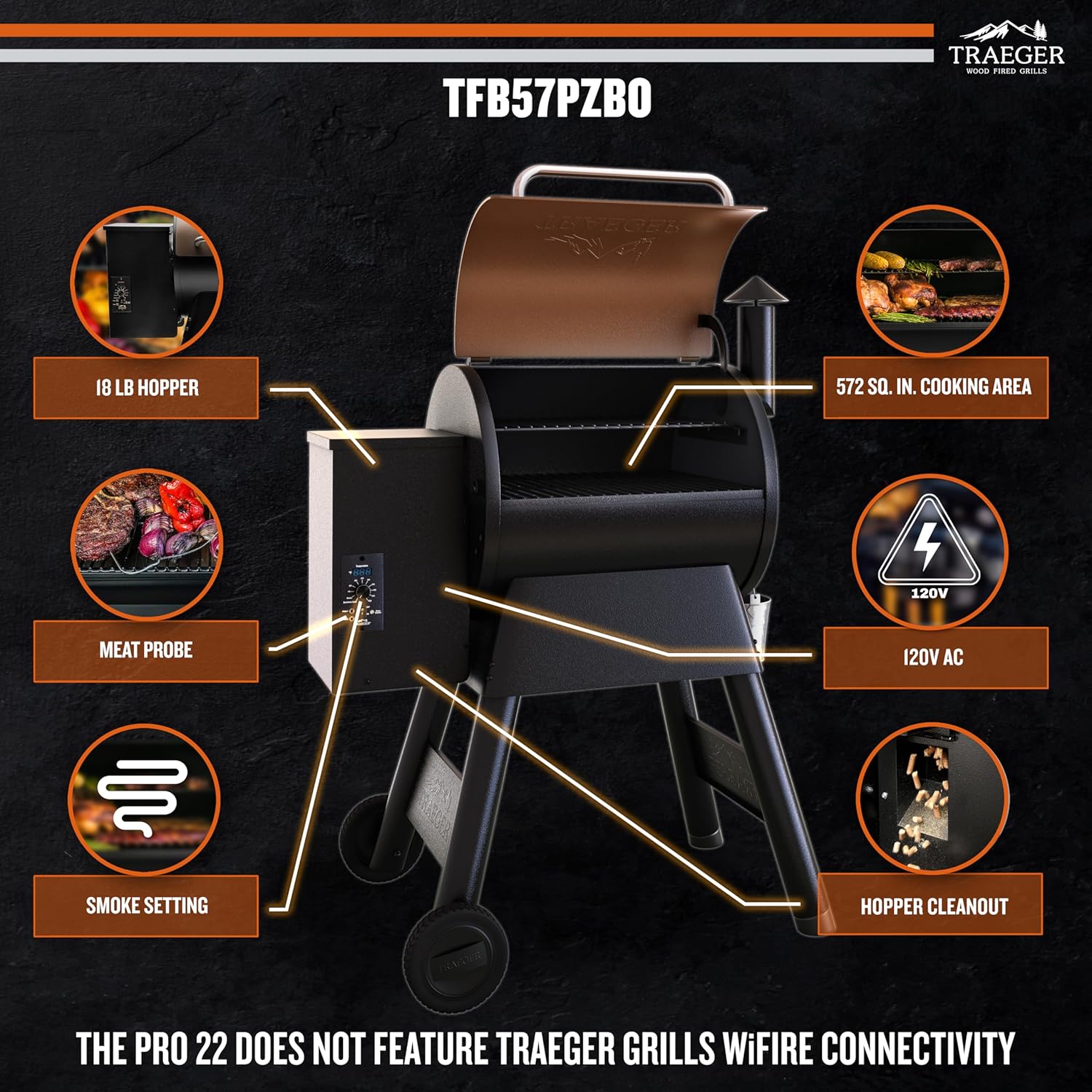 Traeger Grills Pro 22 Wood Pellet Grill & Smoker  Electric Pellet Smoker Grill Combo  6-in-1 BBQ Versatility  572 sq. in. Grilling Capacity  Meat Probe  450 Degree Max Temperature  18LB Hopper  Bronze