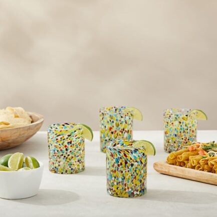 10 oz Hand Blown Mexican Drinking Glasses, Full Confetti Tumbler Cups (Set of 6)