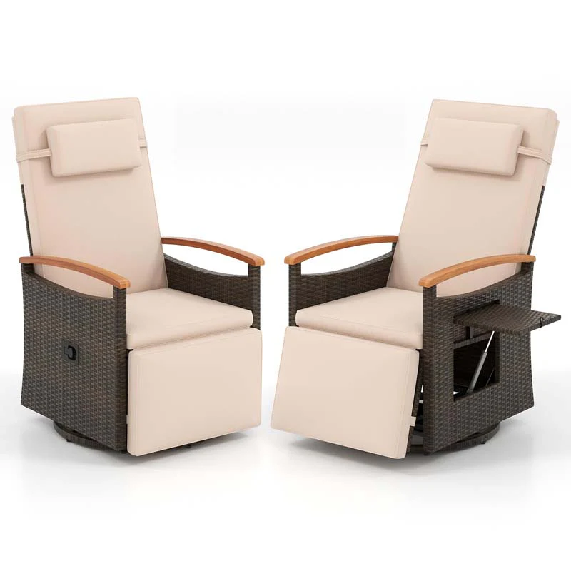 Outdoor Rattan 360° Swivel Recliner Chair, Patio Wicker Chaise Lounge Chair with Adjustable Backrest & Footrest, Flip Side Table & Cushions