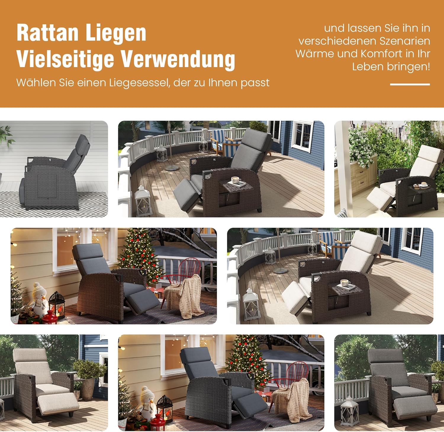 Amopatio Relaxliege Liegesessel, Rattan Sonnenliege mit Verstellbar Rückenlehne und Klapptisch, Outdoor Gartensessel wetterfestes, für Terrasse, Garten, Balkon – Grau & Braun