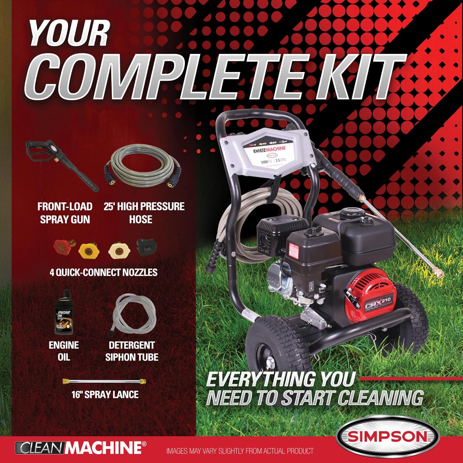 Simpson 3400 PSI Gas Pressure Washer  2.5 GPM Residential Power Washer  Cold Water  25' Hose  Clean Machine  49-State Compliant (CM61083)