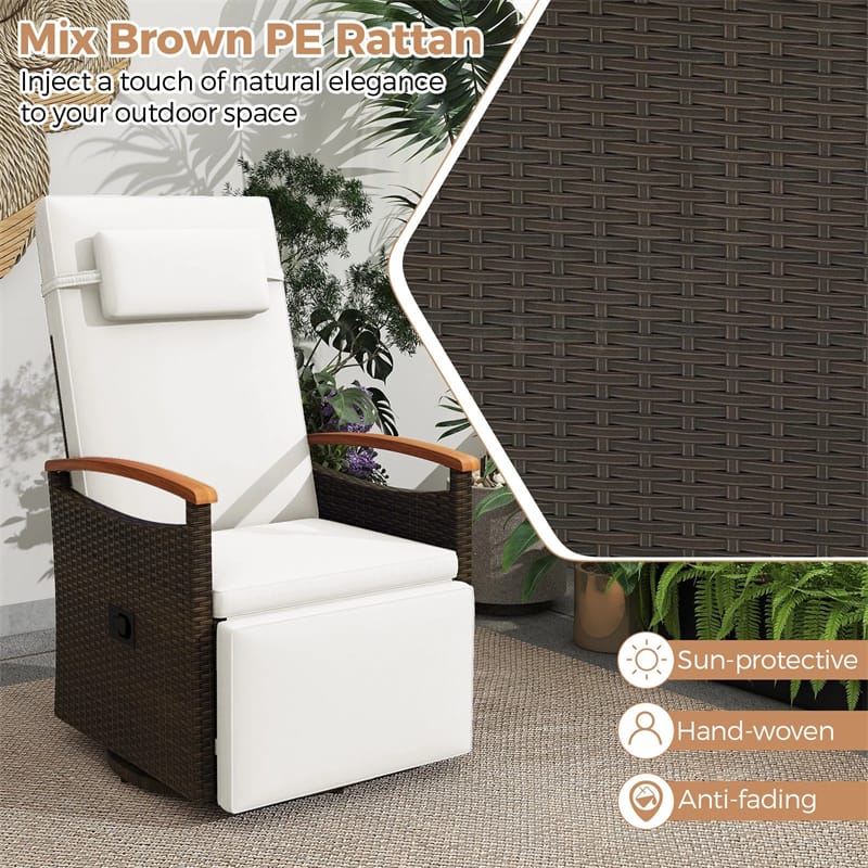 Outdoor Rattan 360° Swivel Recliner Chair, Patio Wicker Chaise Lounge Chair with Adjustable Backrest & Footrest, Flip Side Table & Cushions