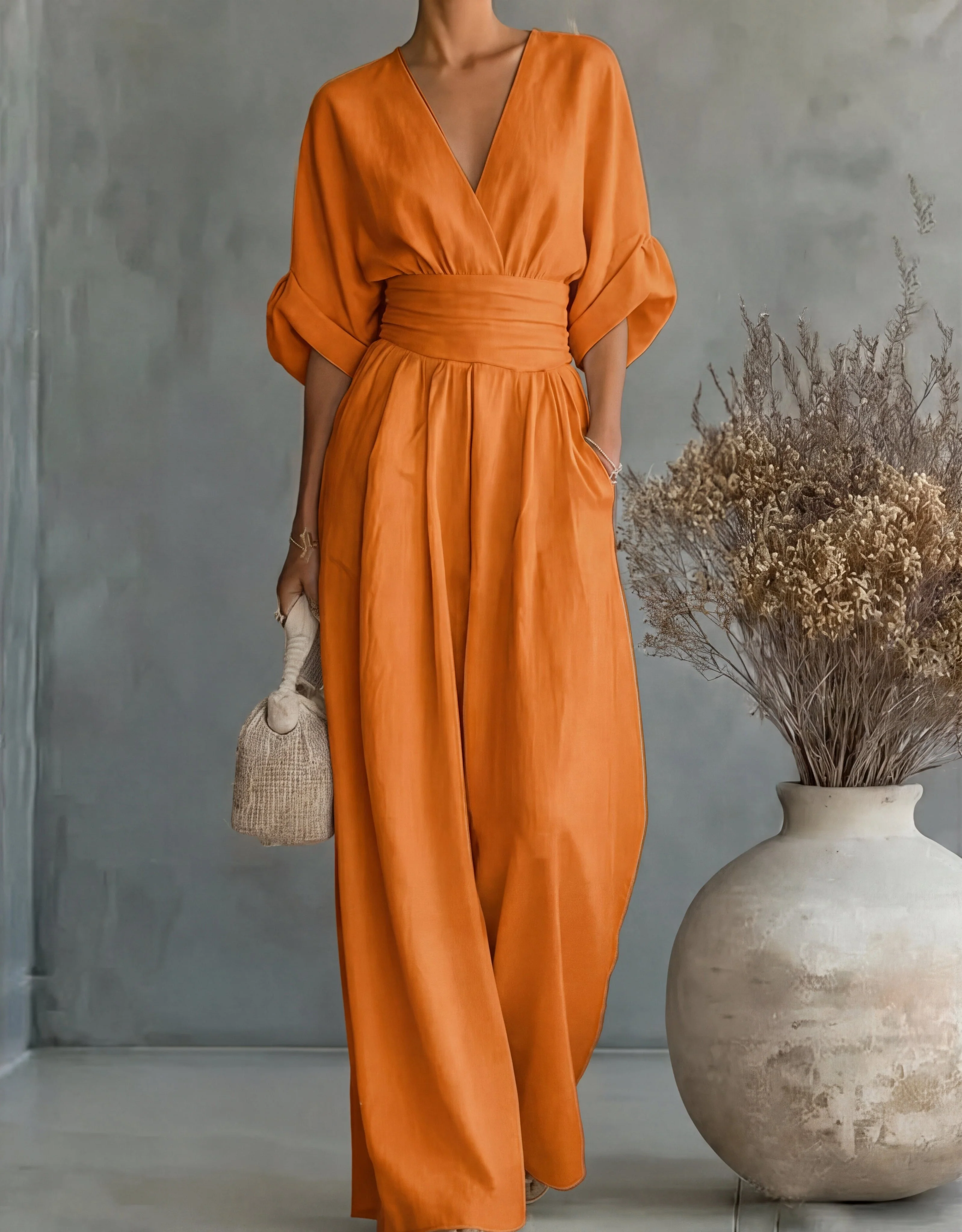 Women��s Elegant Wide-Leg Jumpsuit Wrap-Style Design