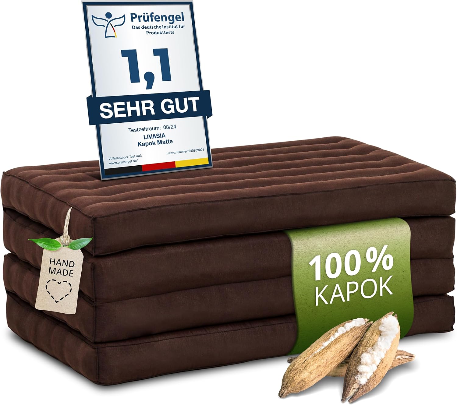 livasia Nachhaltige Klappmatratze aus Kapok - 200x80x8cm - Gästematratze, Faltbare Matratze einfarbig, ökologische Yogamatte, klappbares Gästebett, Liege Garten Balkon (Braun Uni)