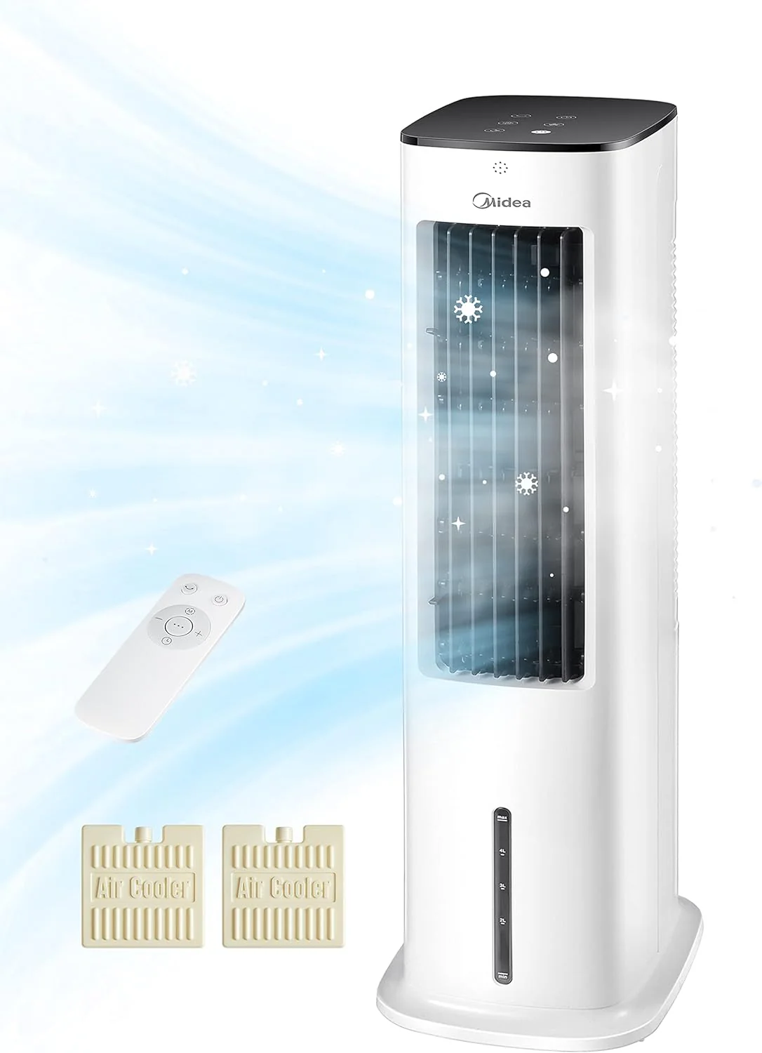Midea Léghűtő vízhűtéssel, mobil légkondicionáló, ventilátor 5 literes vízhűtéssel, párásító és ionizáló, légkondicionáló elvezetőcső nélkül, 355m³/h, ventilátor távirányítóval, 55W, fehér