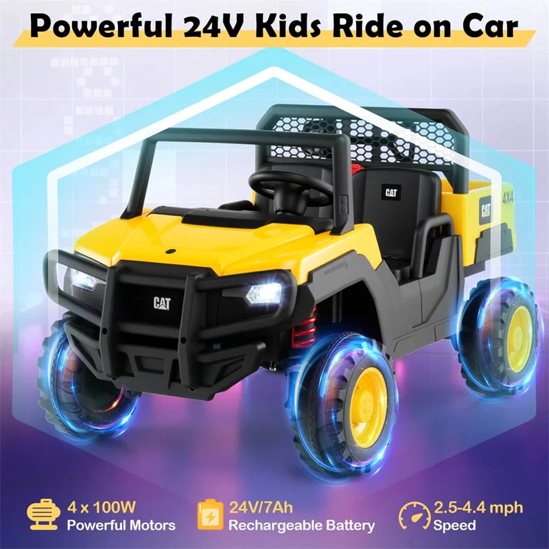 24V 4WD 2-Seater Ride on Dump Truck Licensed Caterpillar Electric Vehicle with Remote Control & Soft Start, Kids Ride On UTV Car with Dump Bed